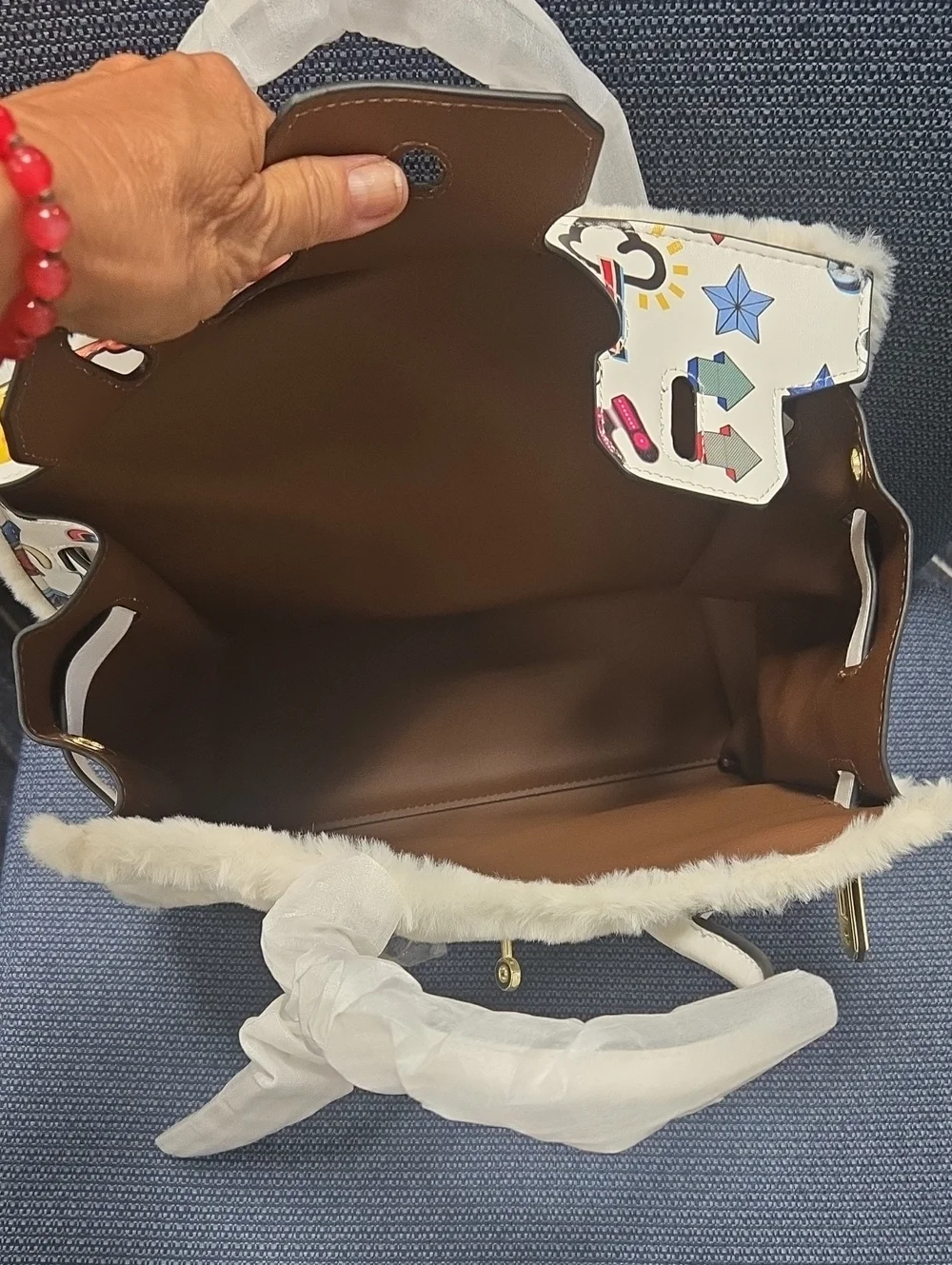 White  Fur Novelty Tote Bag with Graphiti Accents. Very Roomy And Fun.